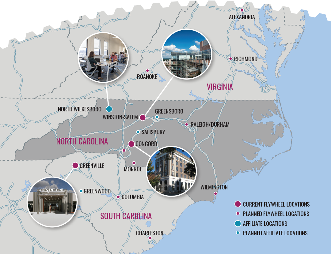 Flywheel Coworking locations and affiliate locations map